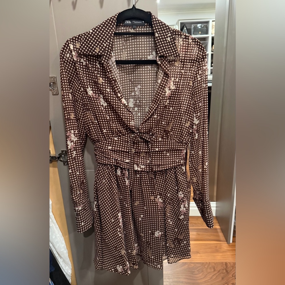 Zara Brown Checkered Long Sleeve Dress